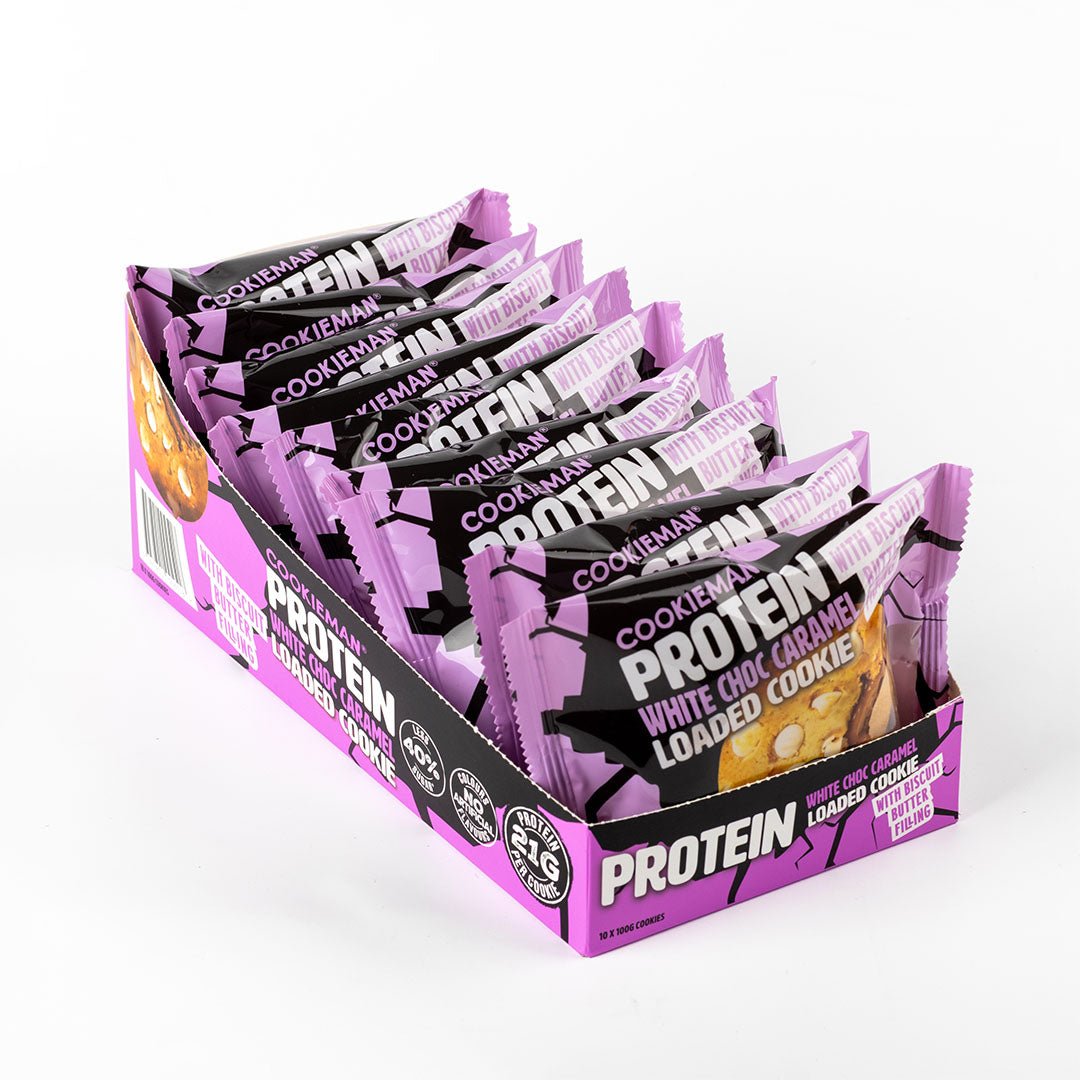 White Choc Caramel Loaded with Biscuit Butter 100g x 10 - Protein Cookies